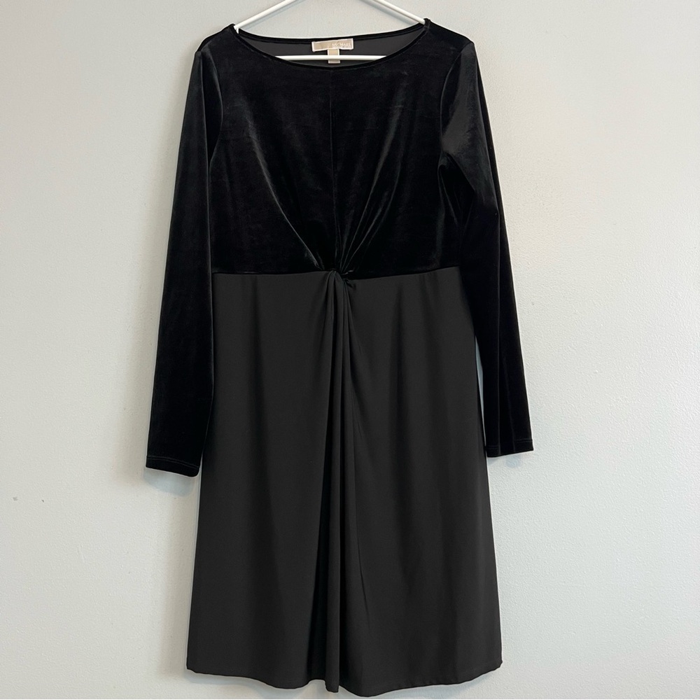 Michael Kors Long Sleeve Black Mini Dress Velvet Mesh Twist Detail at Waist Sz L